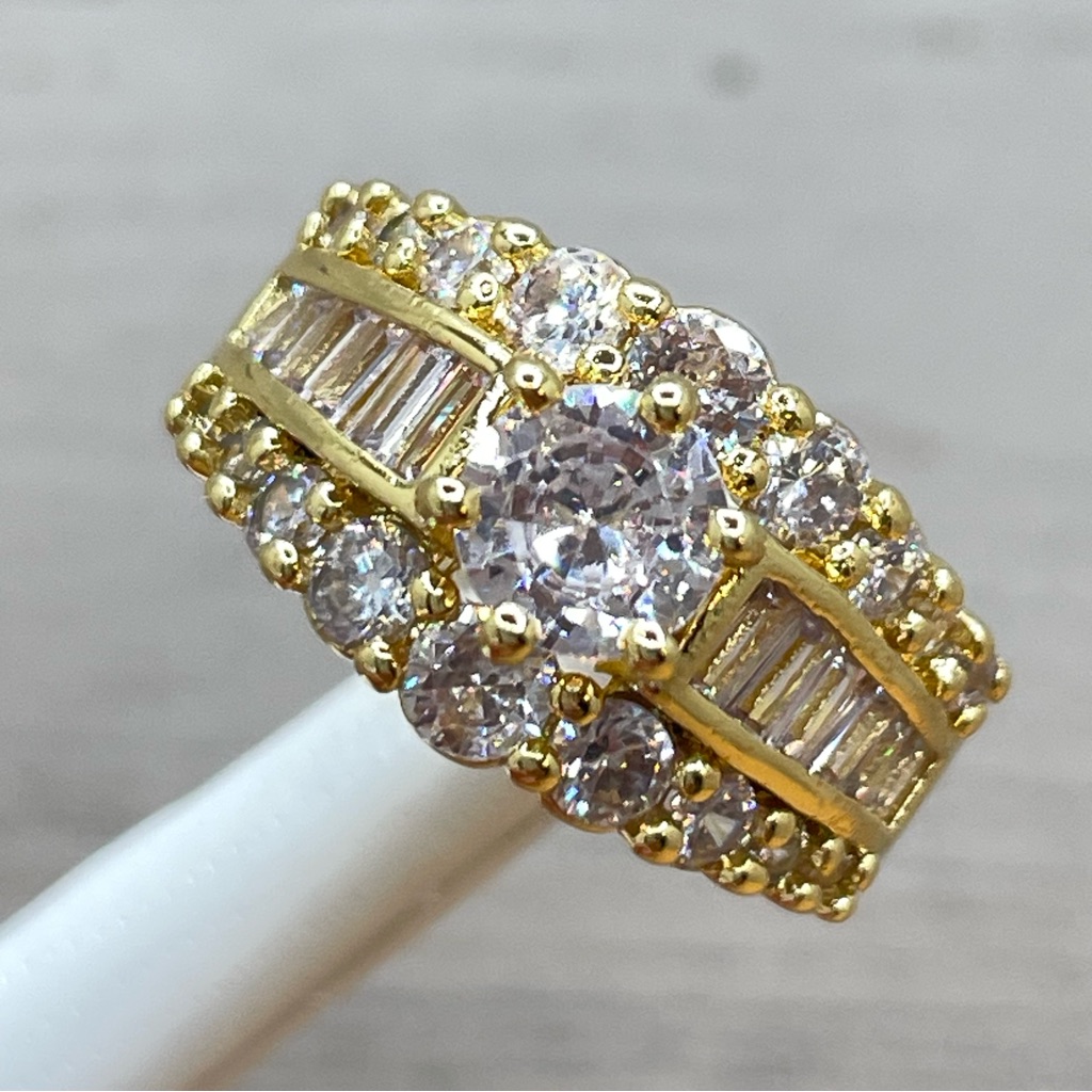 Gold Tone Round And Baguette Cut White Diamond Cz Silver Plated Ring